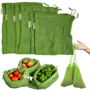 VOLTURI 100% Cotton Vegetable Bags for Fridge Storage (Pack of 6), Eco-Friendly Natural Cotton Mesh Net Fridge Storage Bags with Drawstrings for Vegetables & Fruits, Food-Safe, Biodegradable, Reusable