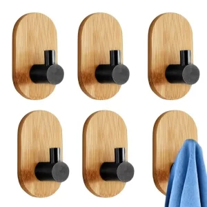 JIALTO 6 pcs Wooden Bathroom and Kitchen Hook, Self Adhesive Wall Hook - Essential Bathroom Accessories, Stylish Home Decor Items, Durable Kitchen Accessories Items (Rectangle Black Wooden)