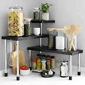 ABJA Heavy Duty Stylish Kitchen Organizer Rack Stand, Corner Shelf for Kitchen, Bathroom & Office, Counter top organizer, Spice rack organiser (ABS Plastic with Stainless Steel Legs, Black, 3 Tier)