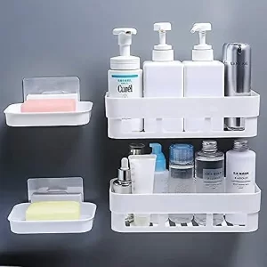 Wall Shelves Kitchen Bathroom Shelf Self-Adhesive Sticker Hook Multipurpose Wall Holder Bathroom Storage Rack Box Strong Shower Rack Shelf (2 Shelf+ 2 Shop Dish) Plastic